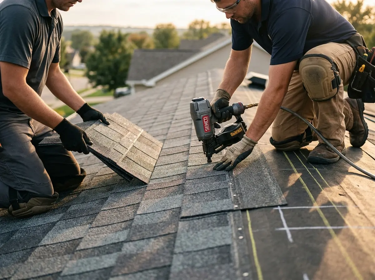 Professional roofer working on a residential roof in Red Chute